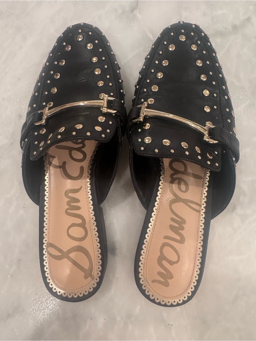 Sam Edelman Black Studded Slip-On Mules with Gold Buckle - Picture 4 of 5